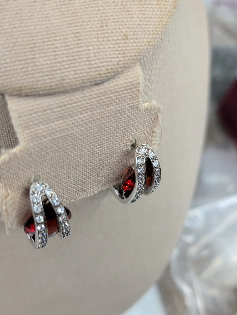 Vintage 925 Sterling Silver Garnet Half Hoop Lever Back Earrings - Picture 12 of 17